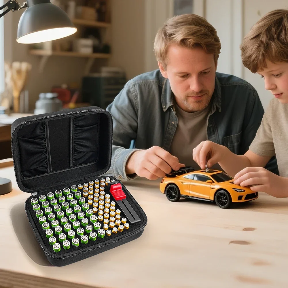 حقيبة تخزين منظم البطارية لـ 48 × AA، 48 × AAA إجمالي 96 بطارية مع جهاز اختبار البطارية، جيبين إضافي لملحقات أخرى