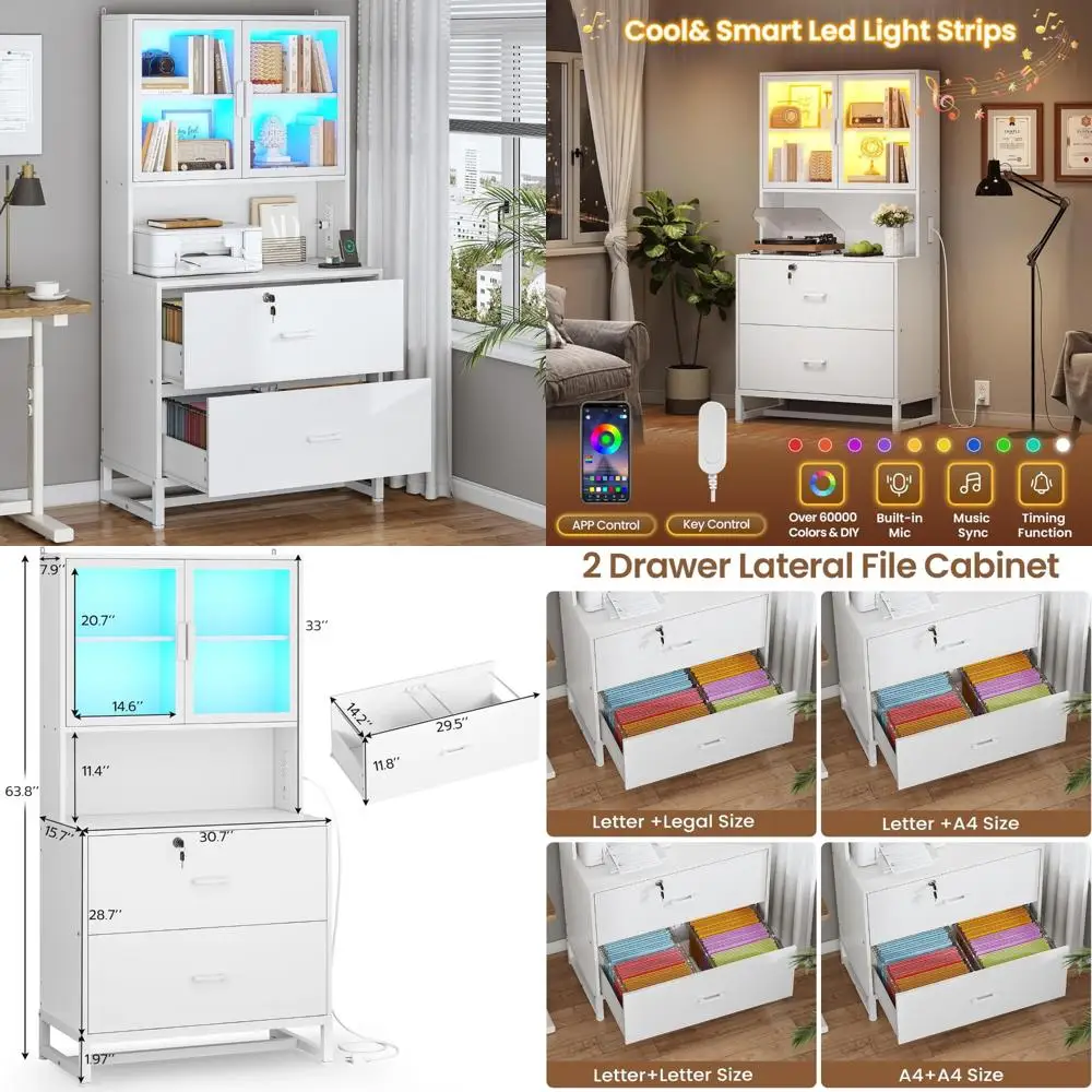 خزانة ملفات قابلة للقفل بدرجين مع محطة شحن، ورف كتب، وحروف تناسب، وقانوني، ومقاسات A4، وخزانة ملفات خشبية