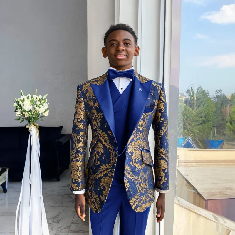 Boys' 3-Piece Formal Suit, Blue-Gold Jacquard Design, Suit + Vest + Pants, Children's High-End Ceremonies Use