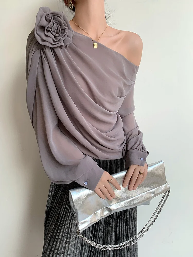 

Ele Rose Detachable oulder irts Chiffon Loose Fit Long Sve French Sle Straight Cut Pure Color Polyester Fiber