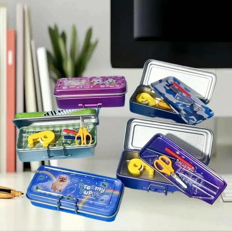 Puppenhaus Miniatur Doppelschicht Eisen Bleistift Box Stift Lineal Maßband Schere Modell Micro Landschaft Dekor Pretend Spielen Spielzeug