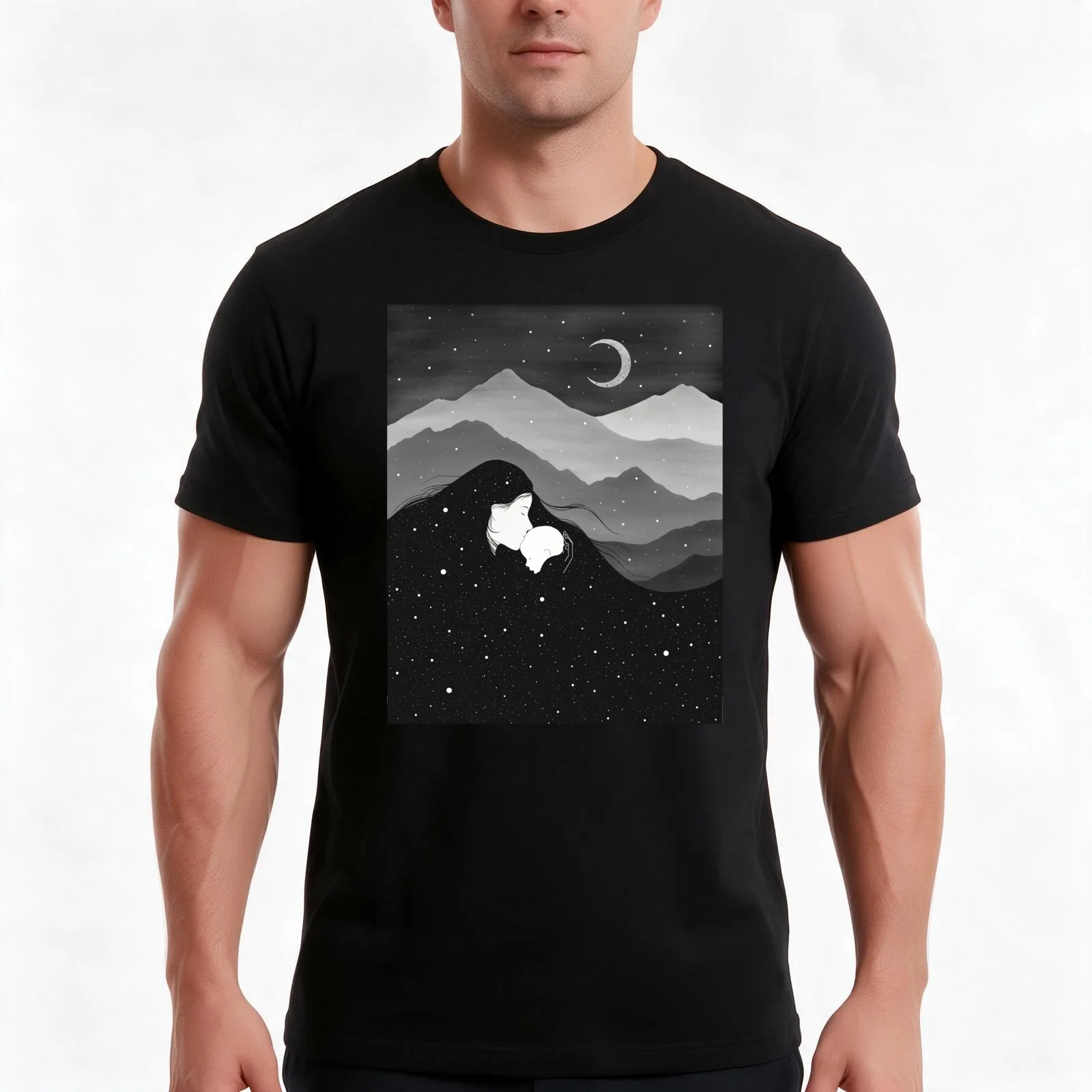 Mountain’s Lullaby - black & white T-Shirt, Summer Casual Cotton Tee, Oversized Streetwear Tops, Vintage Graphic Print