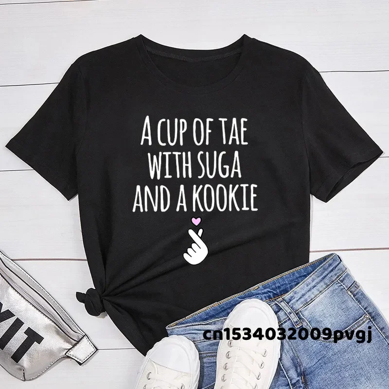 A Cup of Tae with Suga and A Kookie Printed T-Shirt Women Korean Kdrama Idol Fashion Kpop Merch V Jhope Suga RM Jungkook Tee