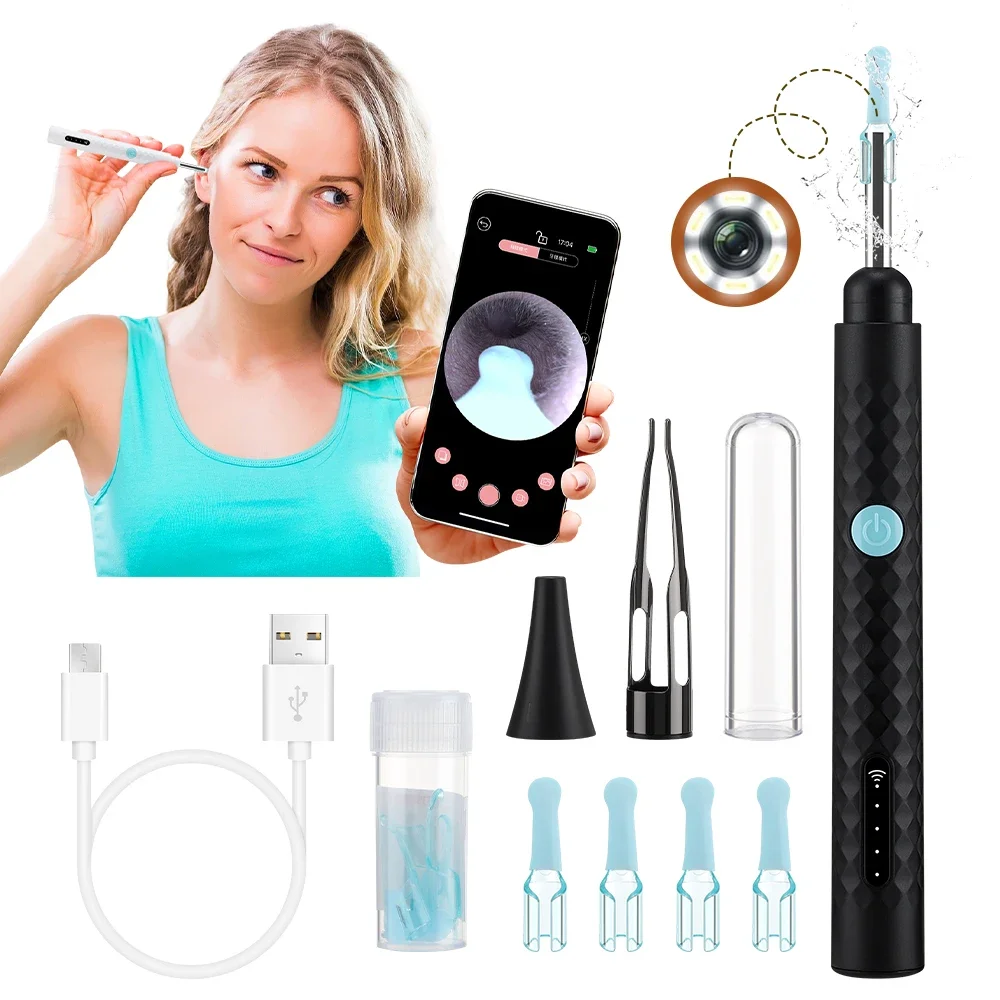 Electric Visual Ear Cleaner with Tweezers 2 in 1 Ear Wax Removal Tool with Camera Rechargeable Ear Pick for Adults Kids Black