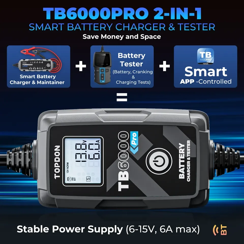 TOPDON TB6000 Pro 6Amp 2-in-1 Smart Car Battery Charger & Battery Tester 6V/12V Portable TB6000Pro DIY Lead Acid Lithium