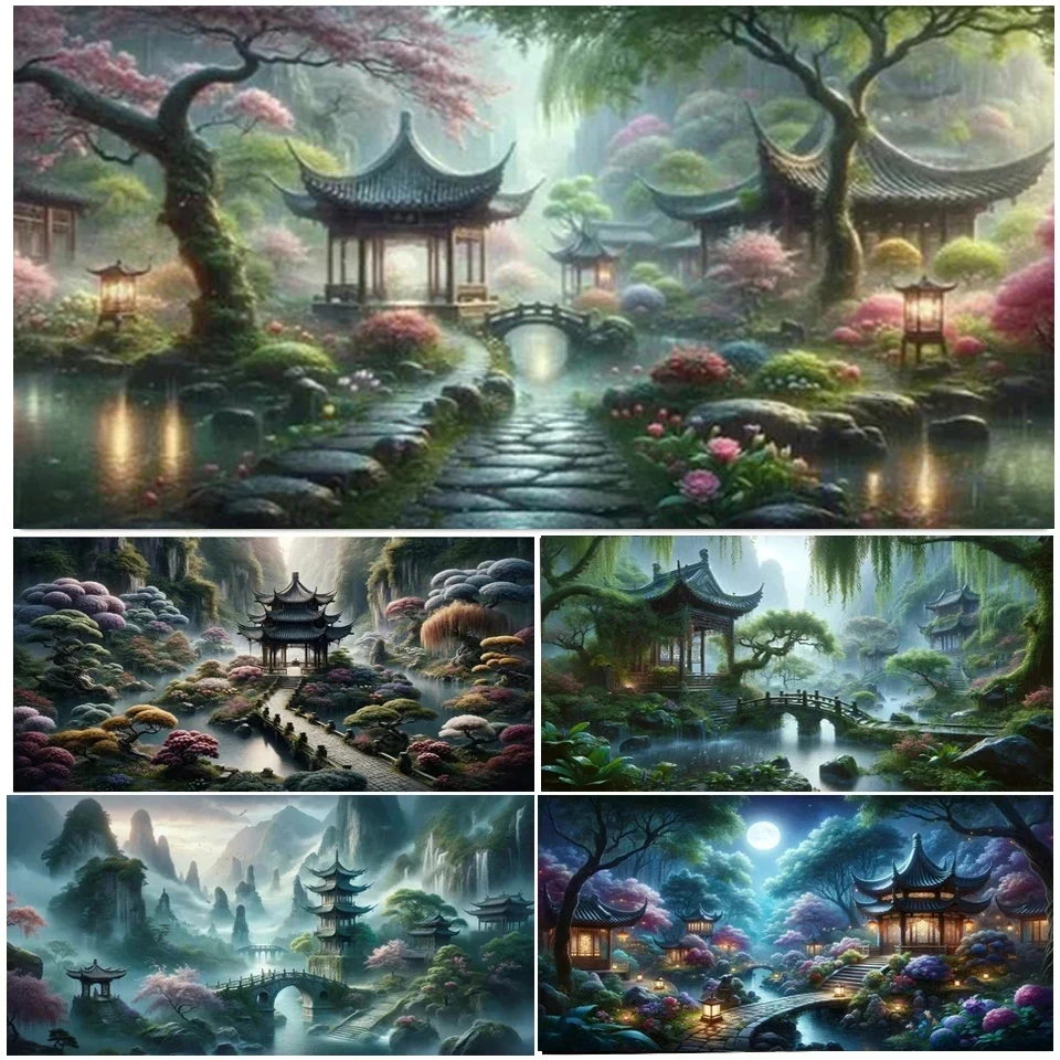 Fantasy Forest Sky Moon 5D Large Diamond Painting New 2024 Pavilion River Natural Scenery Full Diamond Mosaic DIY Cross Stitch