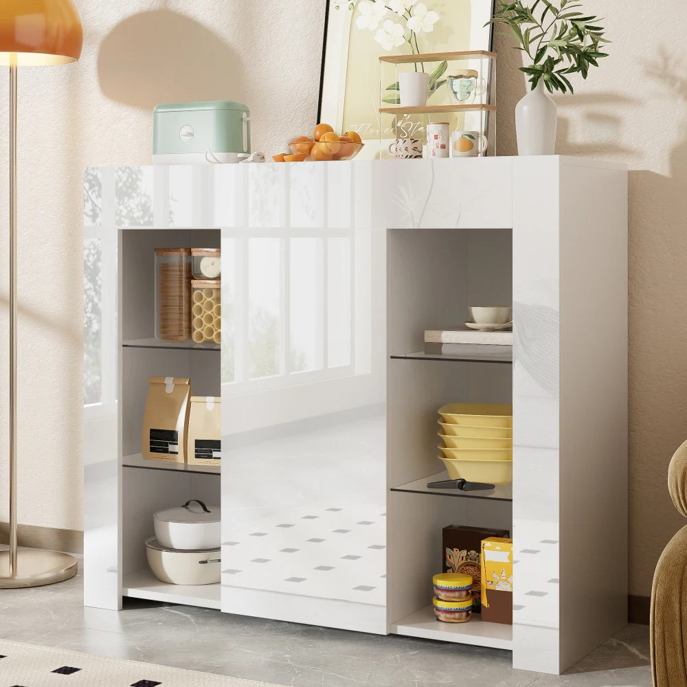 Morden Schwarzes Buffet mit Hochglanzfront, kompakte, stilvolle Aufbewahrungslösung mit Glasböden und Schranktür für das Wohnzimmer – Detail 20
