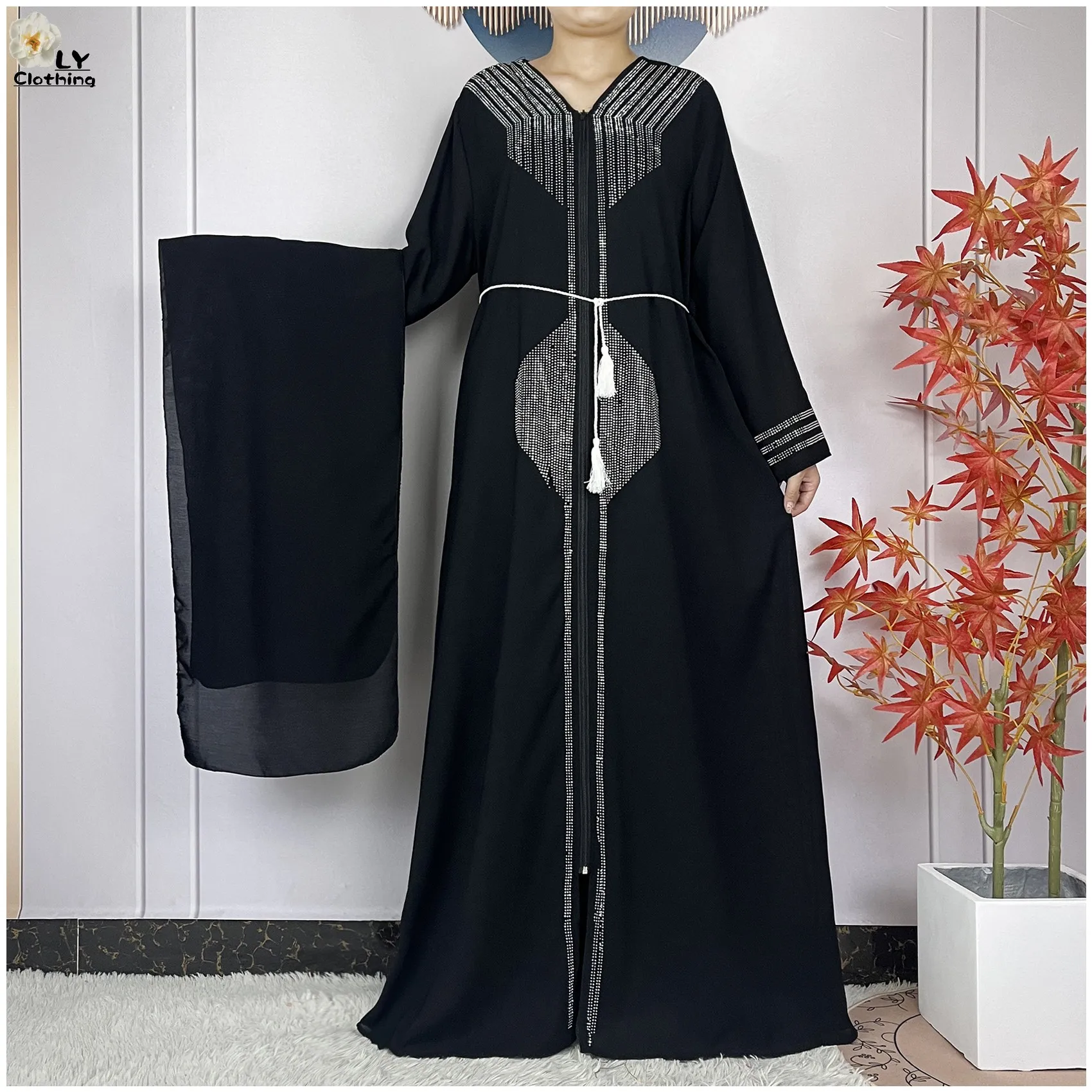 Abaya muçulmana com lenço para mulheres, manga comprida, diamantes em chiffon, roupão solto, maxi islâmico, moda de Dubai, vestidos de festa, 2022