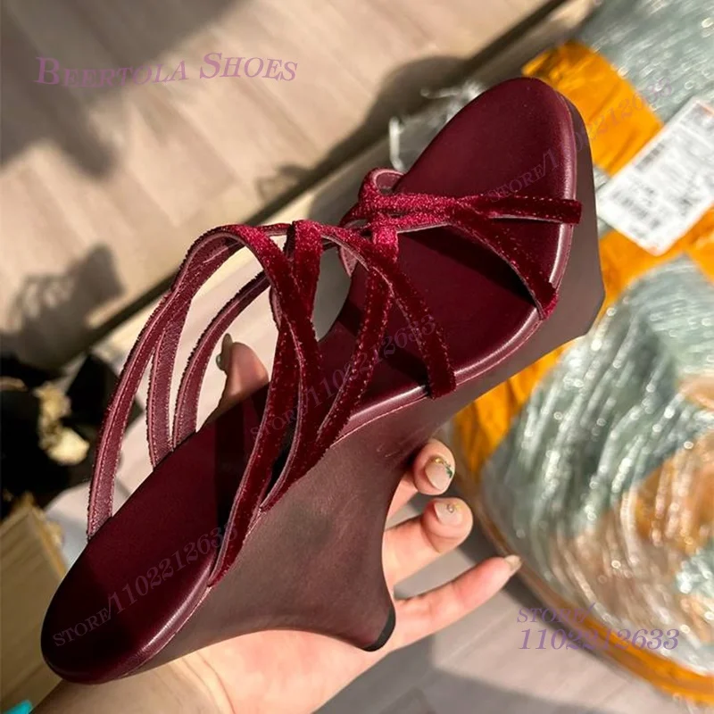 

Wedge Burgundy Wood Grain Block Sandals Black Strange Style Leather Buckle Lace-Up Open Fretwork Heels Sexy Openwork Casual Shoe