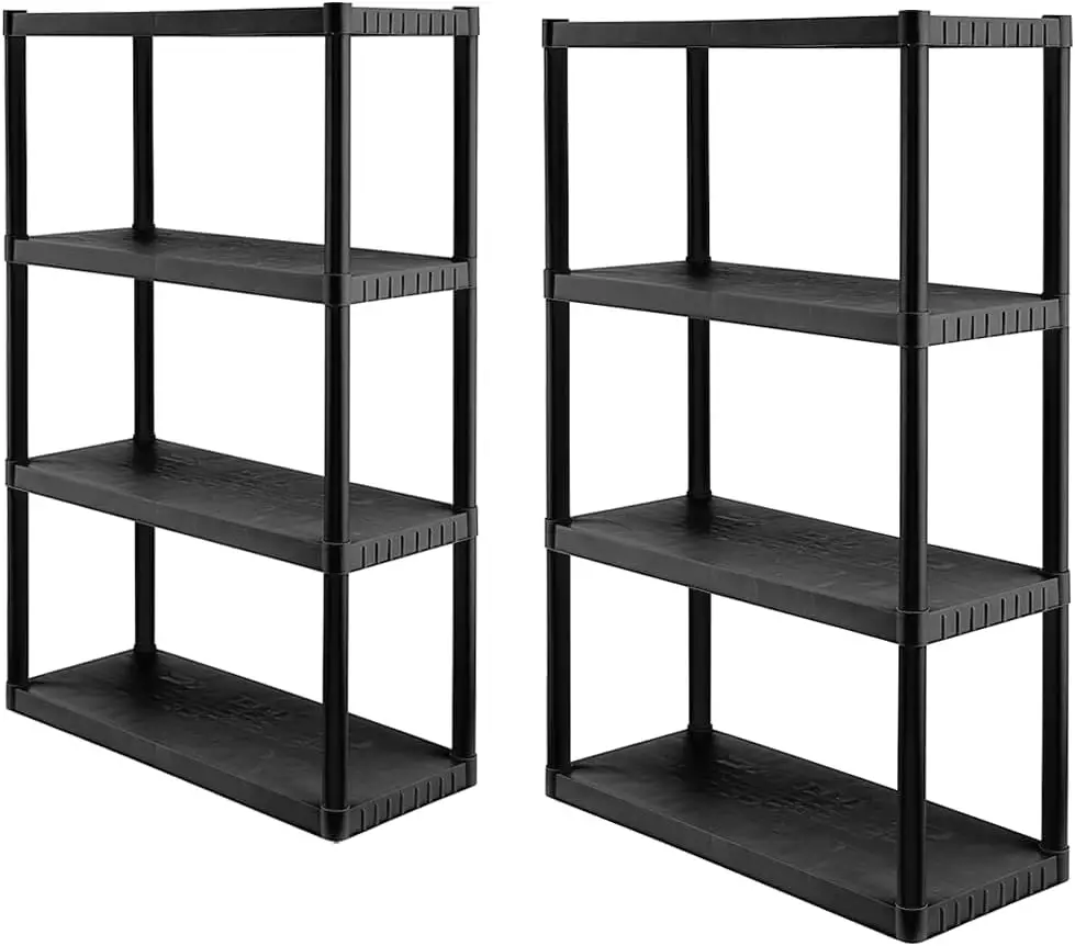 4-Tier Medium Duty Plastic Storage Shelves for Garage, Black, 2pk