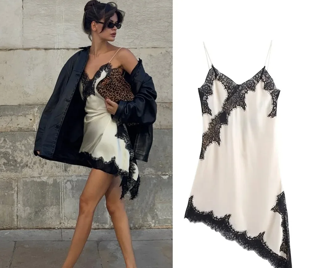 女性用セクシーベージュブラウン万能キャミレースドレスアシンメトリーショートドレス2025秋ファッションホリデーパーティーハイストリートドレス