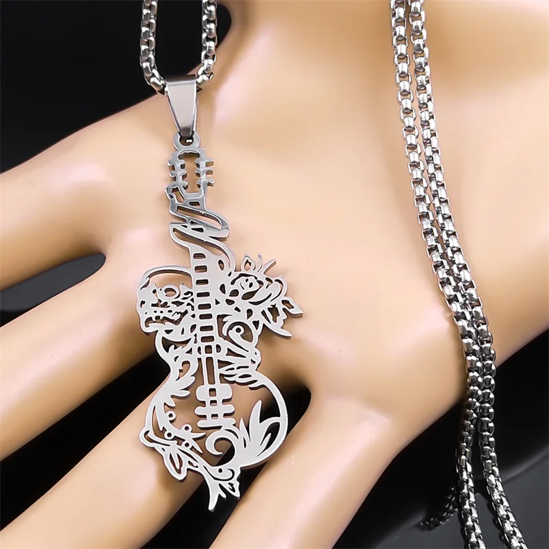 Attractive Rock Guitar Skull Flower Musical Necklace for Women Men Stainless Steel Hip Hop Music Chain Gift Jewelry NZZZ519S06