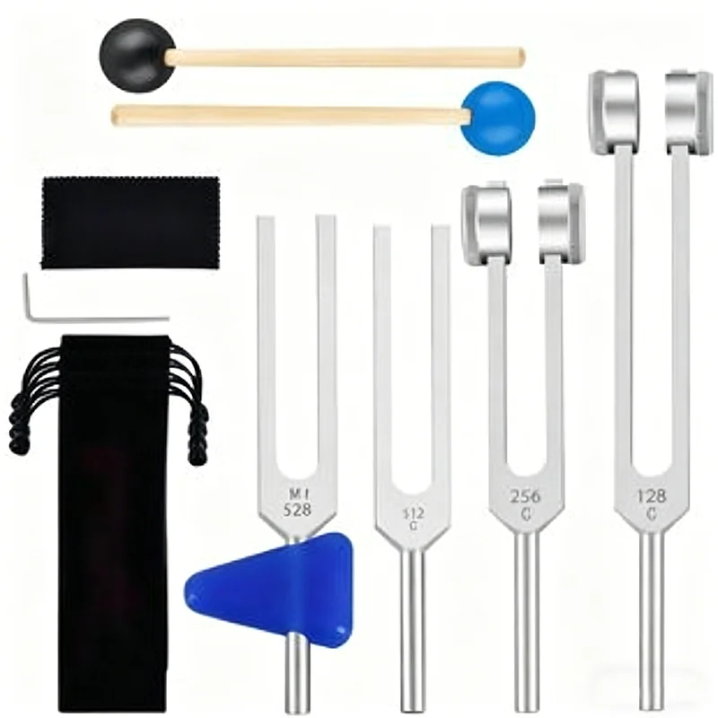 4Pcs Tuning Fork Set 128Hz 256Hz 512Hz 528Hz for Sound Healing Therapy Medical Chakra Tuner with Mallet
