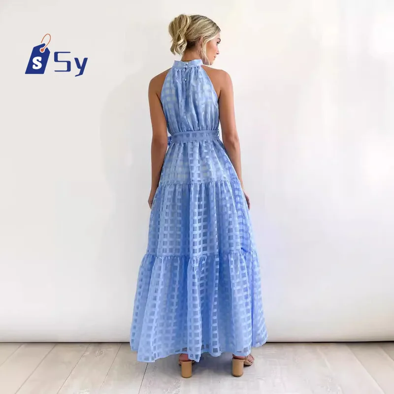 Sy 2024 Frauen lässig Mode Strand hohl langes Kleid elegante weibliche ärmellose Kleid Mesh Ausschnitt Kleid Abendkleid