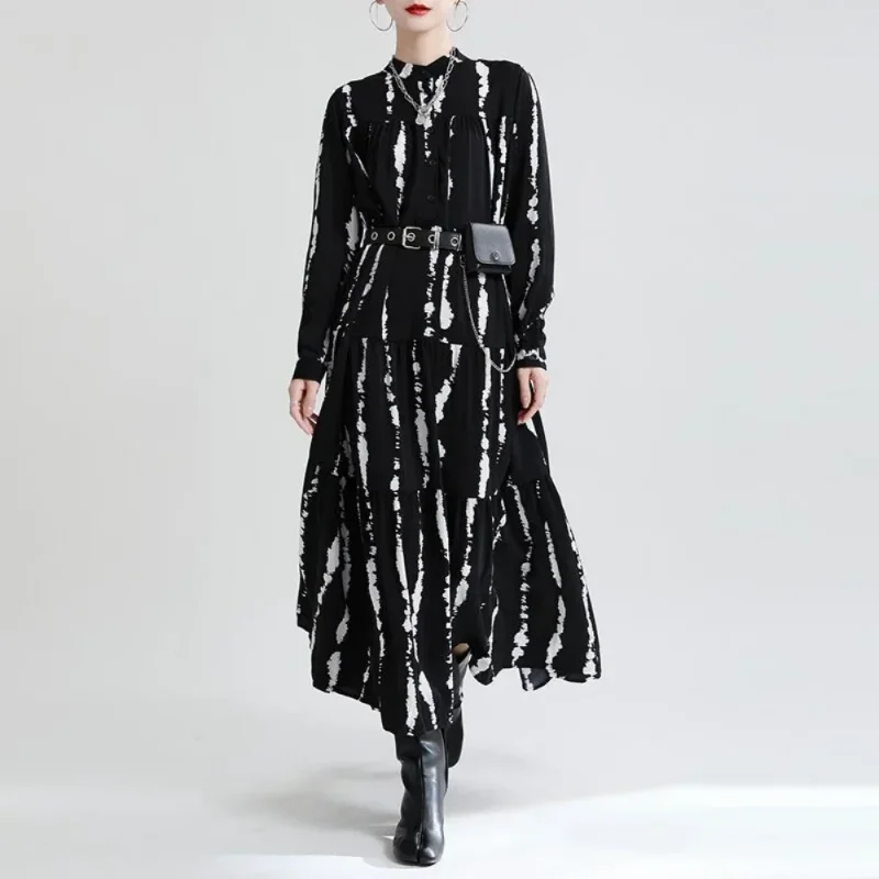 Spring Black Printed Dresses Women Irregular Summer Designer Style Loose Slim Long Skirt Large Hem Stand Collar Street Clothing