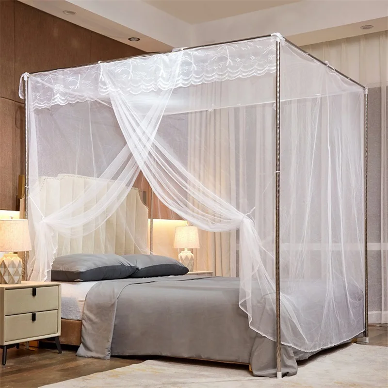 Canopy Bed Curtains 4 Corner Post Lace Trim Princess Bed Canopy Mosquito Net for Adult Kids Bedroom