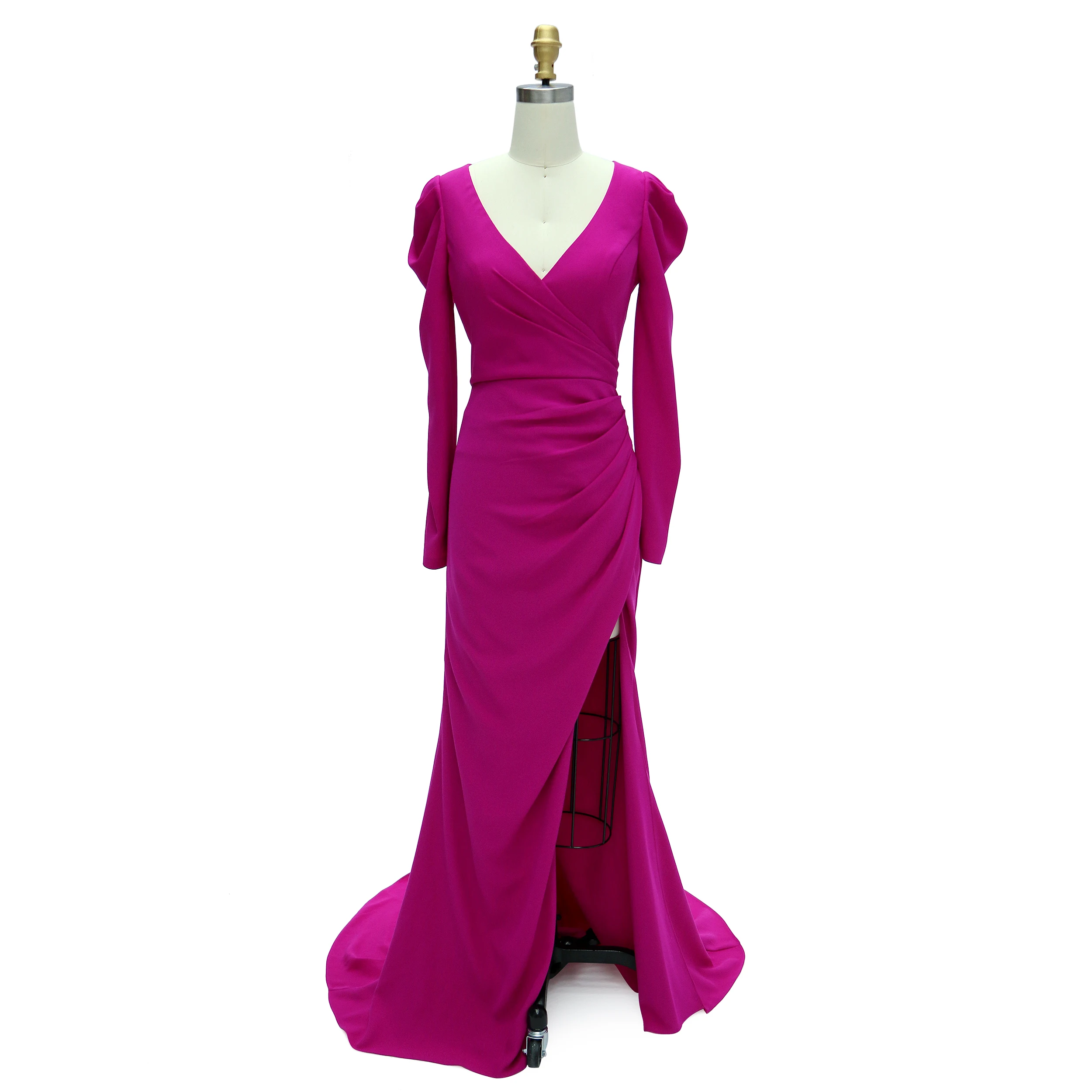 

Slim Fit V Neck Magenta Satin Prom Dresses High Split Mermaid High Slit Prom Gown for Photo Shoot YEWEN YE2526