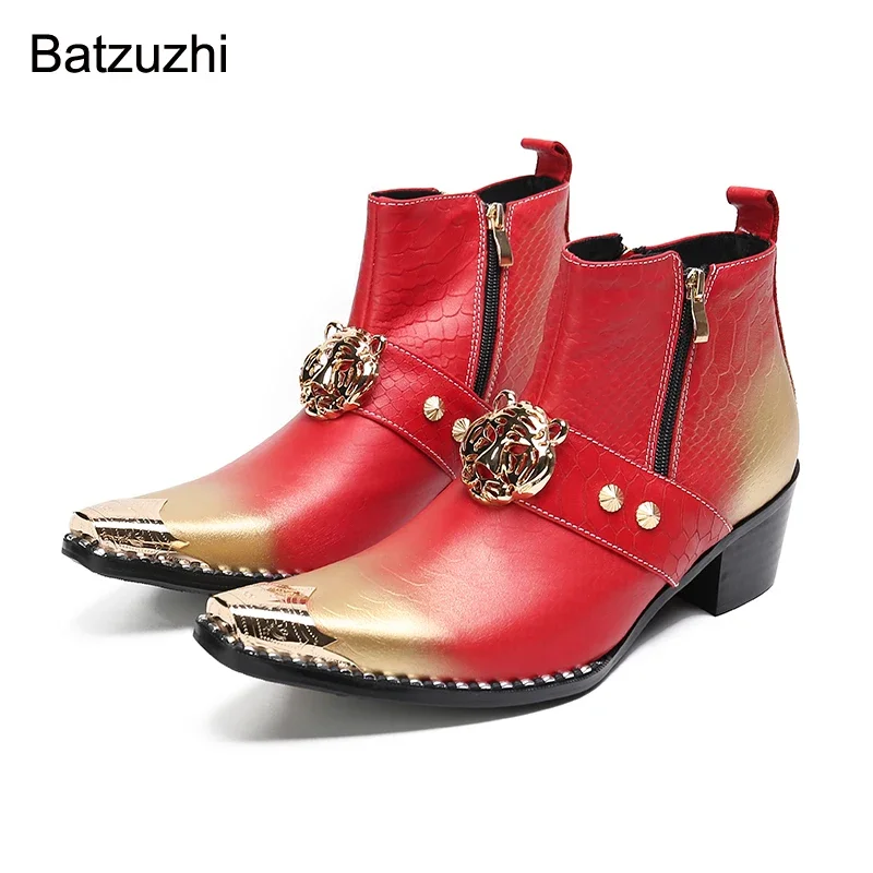 

Batzuzhi Punk Rock Men's Leather Boots for Men 6cm Heels Split Colors Double Zippers Fashion Boots Men Metal Toe Botas Hombre!