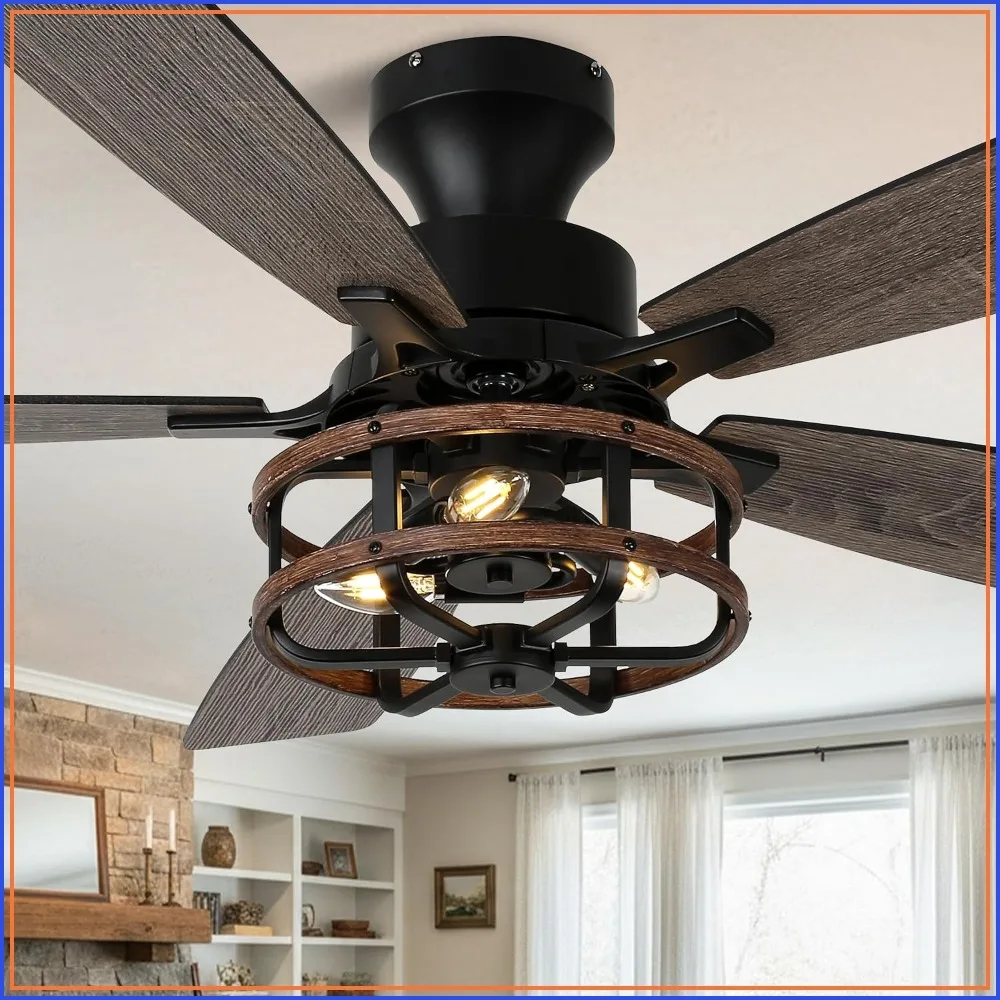 52 Inch Flush Mount Farmhouse Ceiling Fan with Lights Rustic Cage
