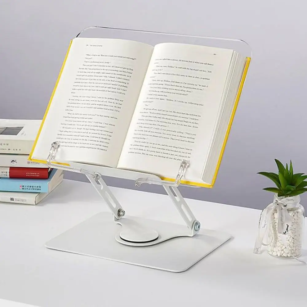 Adjustable Height Acrylic Book Stand 360° Rotating Base Elastic Page Clips Desktop Book Holder Foldable Hands Free