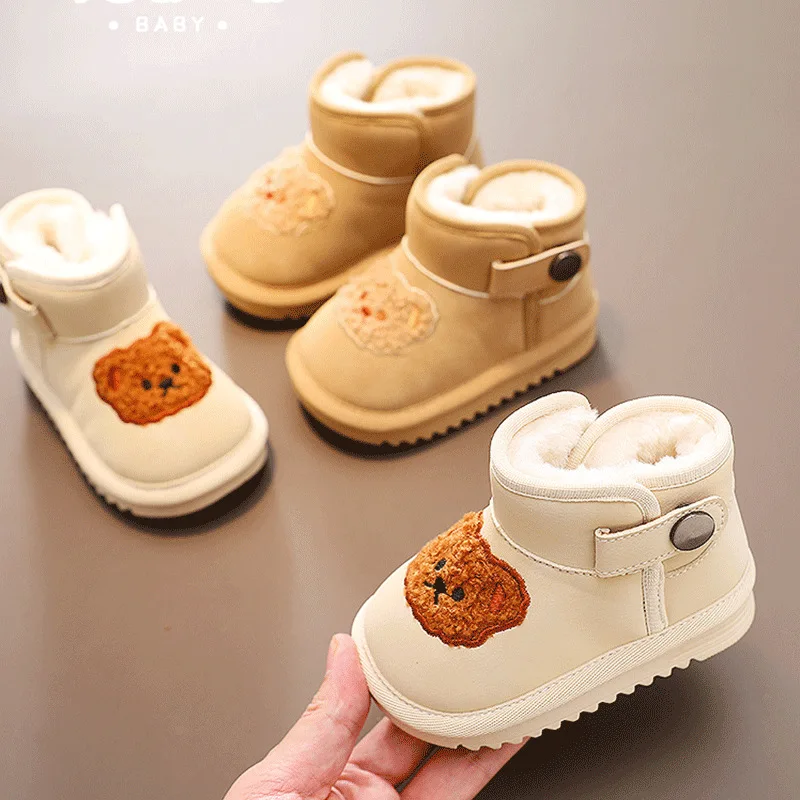 

House Shoes Toddler Squeaky Shoes PU Leather Cartoon Winter Shoes For Baby Anti-slip Velcro Khaki Beige Shoes Size 17-30