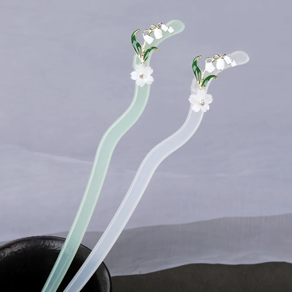 Minimalist Acetic Acid Hair Sticks for Buns Bellflower 18cm Hanfu Hair Fork White/Green Imitation Jade Woman Hair Jewelry Girl