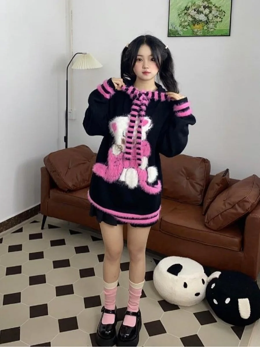 

American Lazy Fun Hooded Knitted Sweater Women Autumn Winter New Niche Design Loose And Slim Long-Sleeved Top