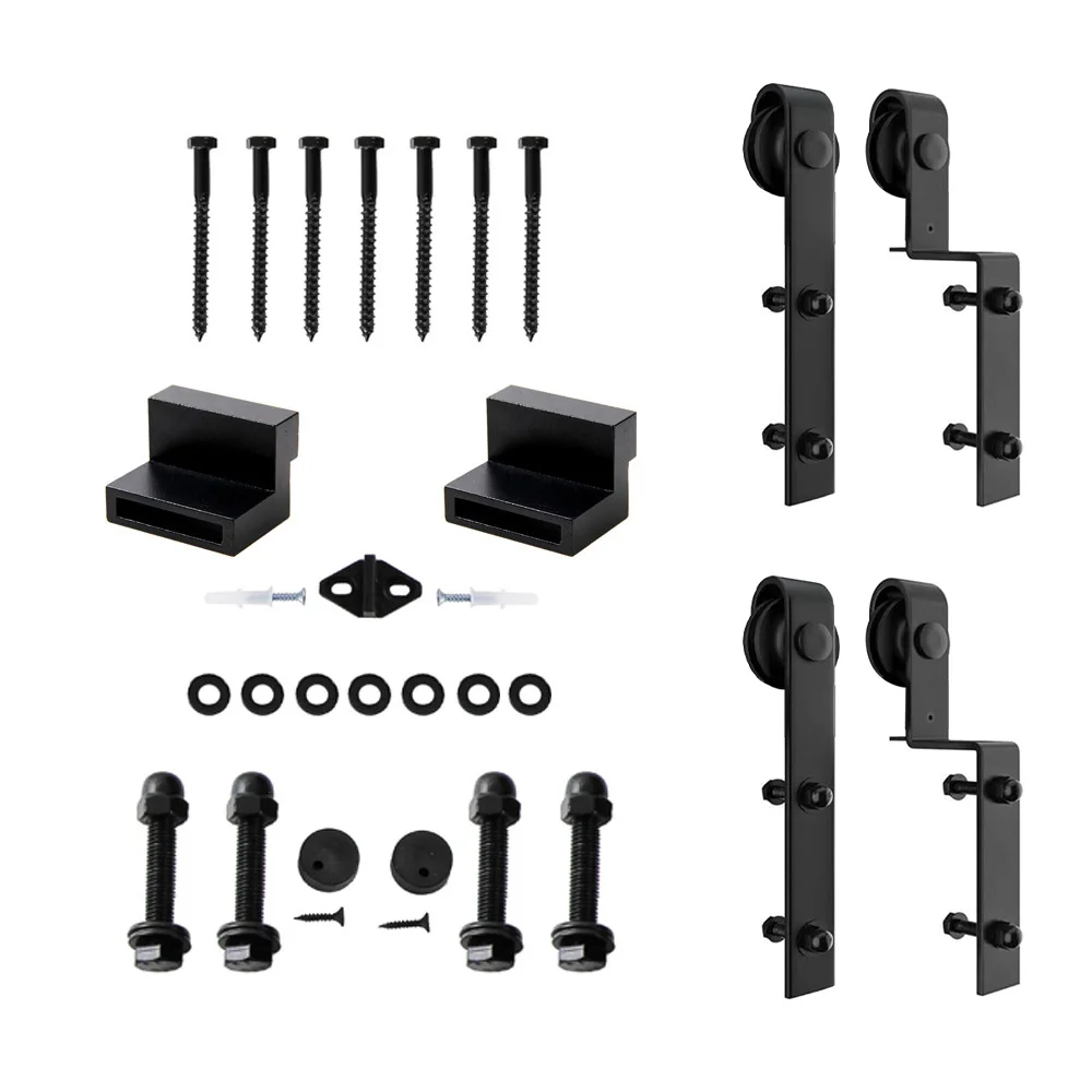 

Bypass Sliding Barn Door Hardware Rollers for Double Doors Smoothly Quietly Door Panel Black Bent Hanger System (J Shape Hanger)