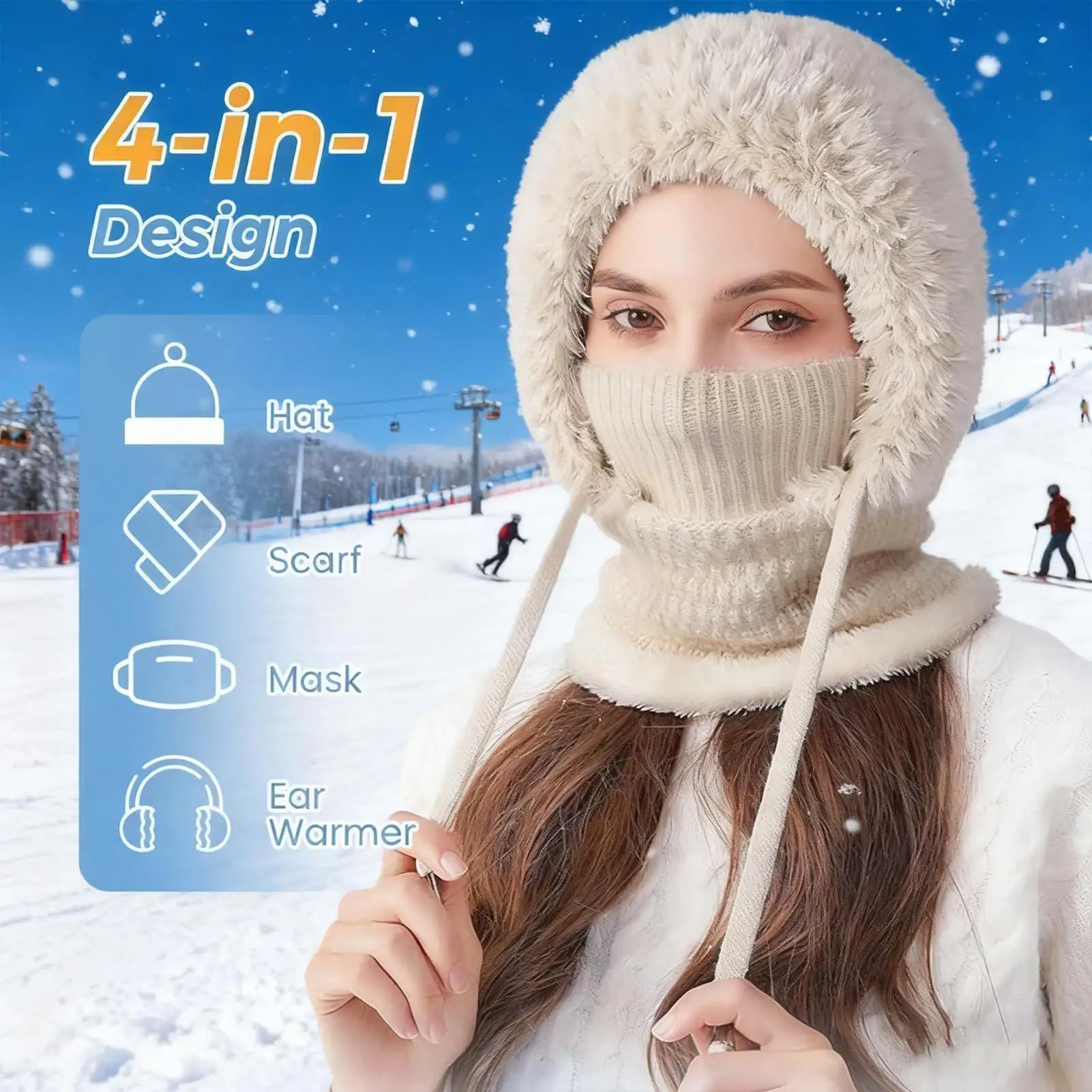 Windproof Women Knit Hat with Adjustable Face Cover - Warm Comfortable Full Coverage Balaclav a Beanie for Winter Cycling Skiing