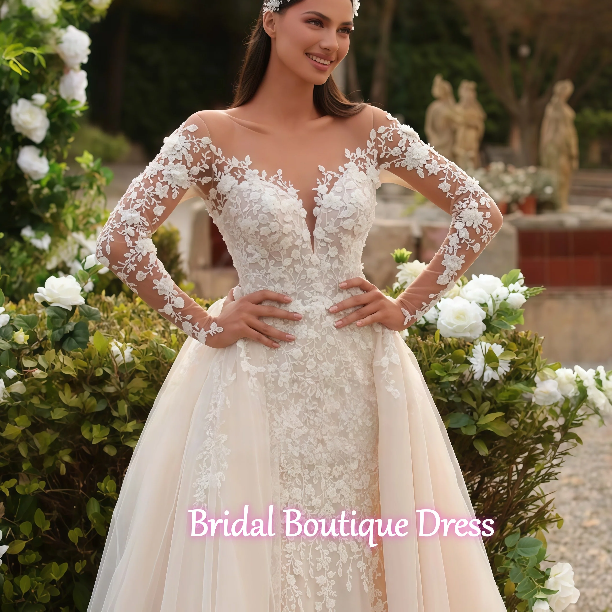 Customized Sexy Mermaid Wedding Dress O-neck Long Sleeve Bridal Gown Lace Detachable Trailing Vestidos De Novia Bride Gown