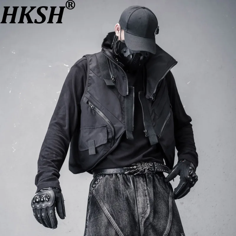 HKSH ربيع وصيف جديد الرجال الظلام الثقيلة المرقعة الياقة المدورة التكتيكية سترة سفاري نمط جيوب سحابات صدرية في الهواء الطلق HK16526 #1