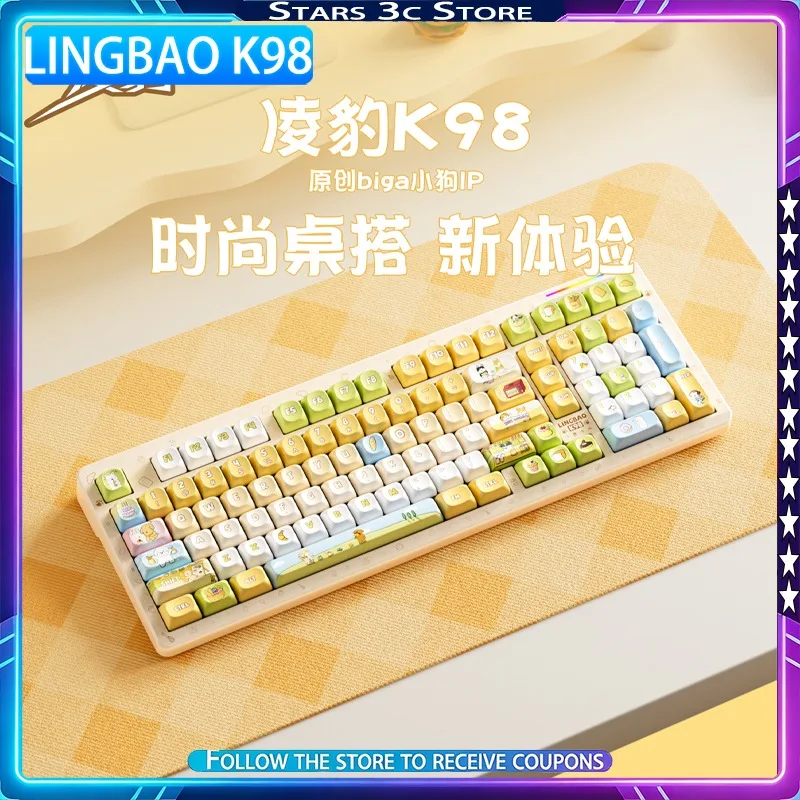 Lingbao K98 Mechanical Keyboard Bluetooth Tri Mode Ergonomics Hot Swappable RGB 10000mAh Long Battery Life Cute Office Keyboard