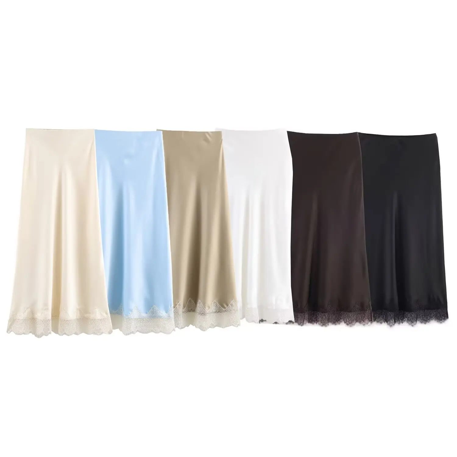 กระโปรงผ้าซาตินลูกไม้ครึ่งตัวสำหรับผู้หญิง กระโปรงยาวปานกลางแฟชั่นฤดูใบไม้ผลิและฤดูร้อน กระโปรงทรงเอ กระโปรงลูกไม้ กระโปรงสำหรับสาวออฟฟิศ