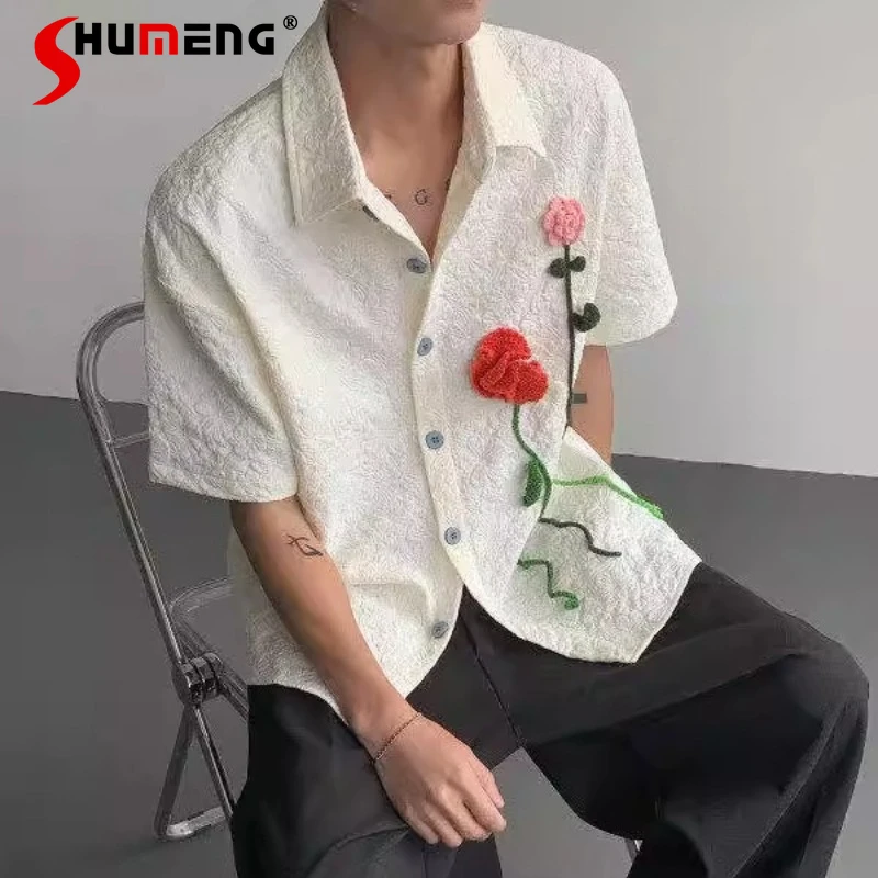 

Three-dimensional Embroidery Rose Design Shirts Men's 2025 Summer New Full Print Jacquard Flower Tops Short-sleeve Shirt Jackets