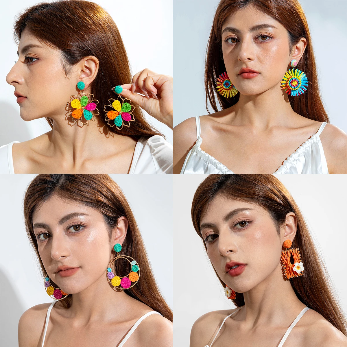 Tocona Bohemian Colorful Lafite Grass Simulation Flower Women Swinging Earrings Summer Beach Creative Jewelry Girl Birthday Gift