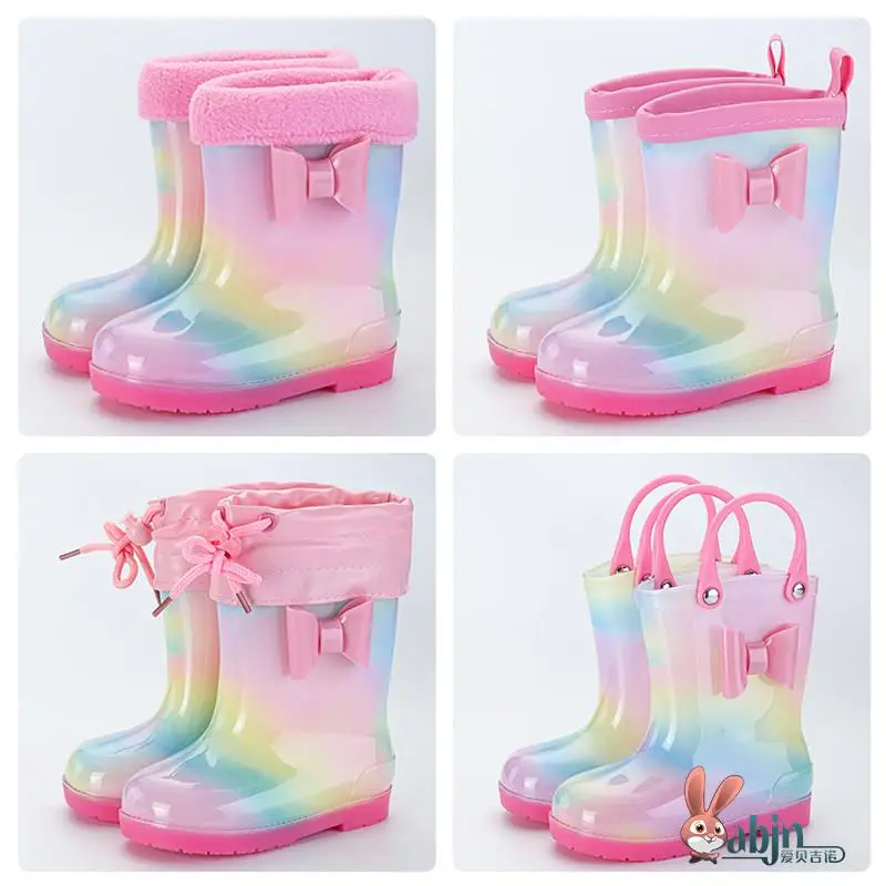 

Children's Rain Boots Fleece Lined Anti-Slip Princess Booties Rainbow Design Nursery Kids Unisex Cute Cartoon Print Rubber Shoes