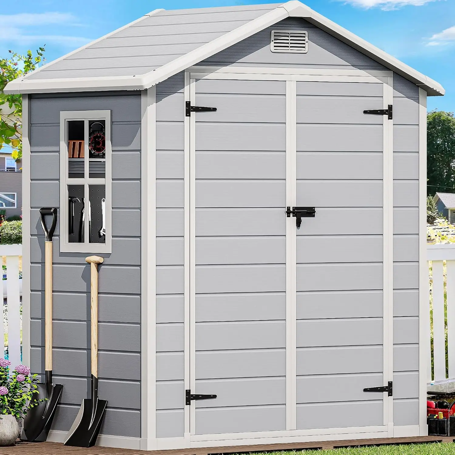 ^6x4 FT Outdoor Resin Storage Shed with Reinforced Floor, All-Weather Bike Storage Shed with Lockable Door, Window and Vent