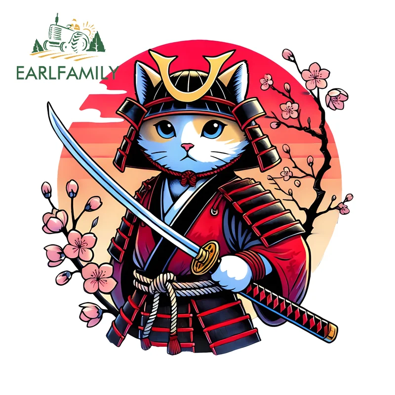 EARLFAMILY Japanese Style Samurai Cat With Katana Car Sticker Personal Warrior Item Windshield Bumper Decal Nice Vinyl Car Wrap