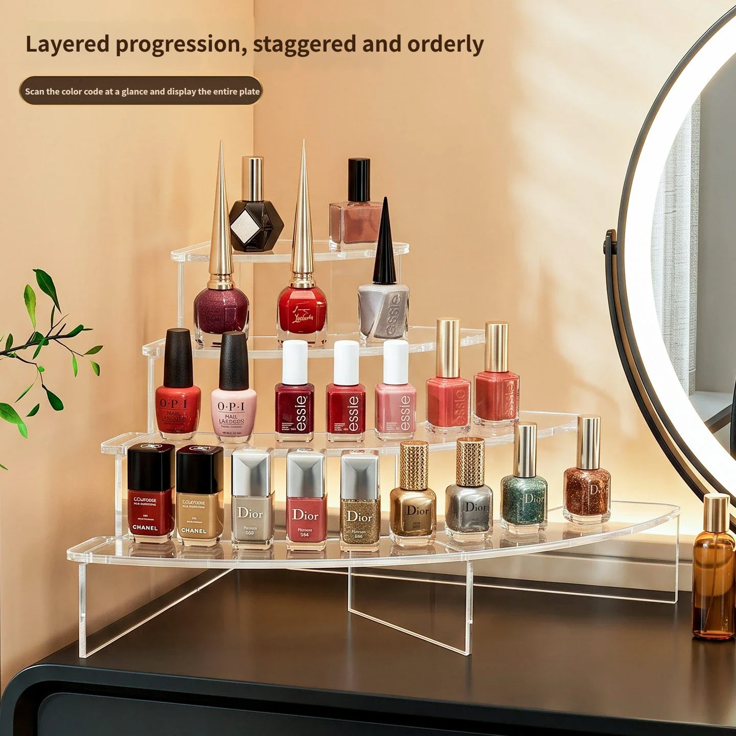 Acrylic Curved Step Nail Polish Display Rack Transparent Tiered Makeup Organizer for Perfume Storage Stand for Nail Salon