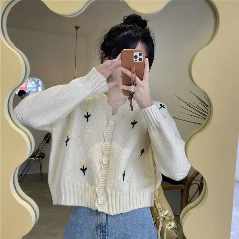 Women\'s Clothing 2023 New Preppy Style Fashion Loose Buttons Casual Solid Color V-neck Long Sleeve Temperament Sweet Sweaters