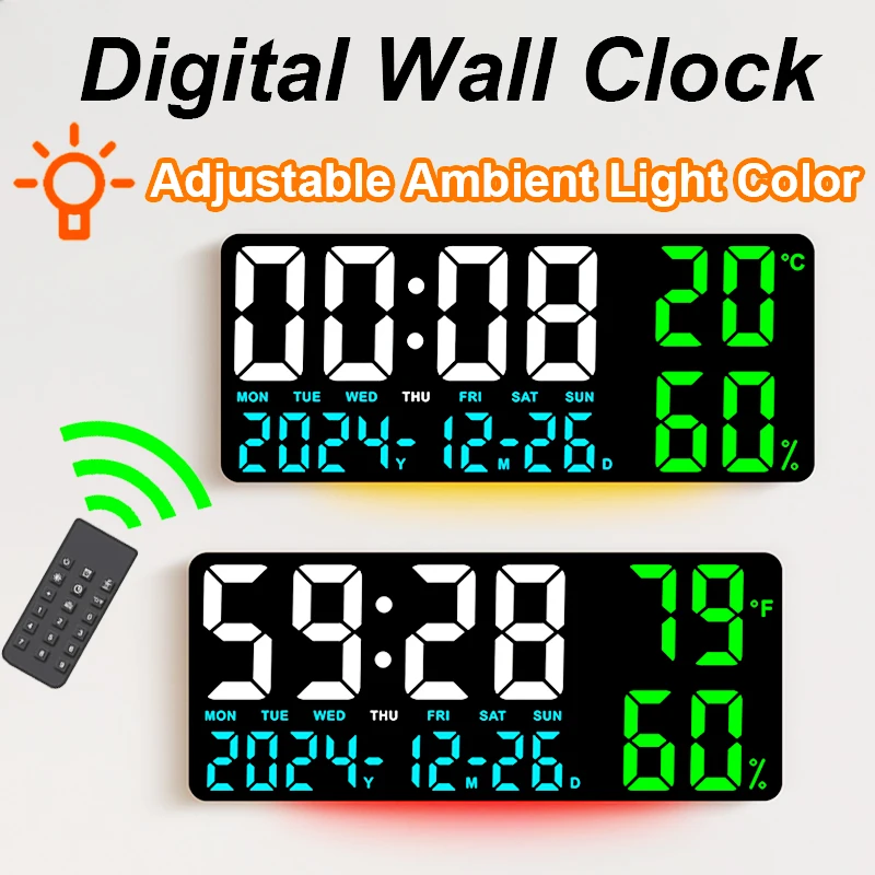 Large Digital Wall Clock with Atmosphere Lights Remote Control Temp Humidity Display LED Table Clock Multifunctional Alarm Clock