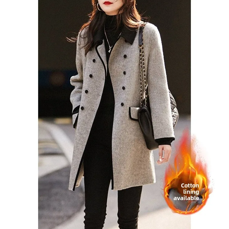 

Женское двустороннее шерстяное пальто, повседневный воротник, цвет Blo, модная осенне-зимняя верхняя одежда, прямой крой, полиэстер