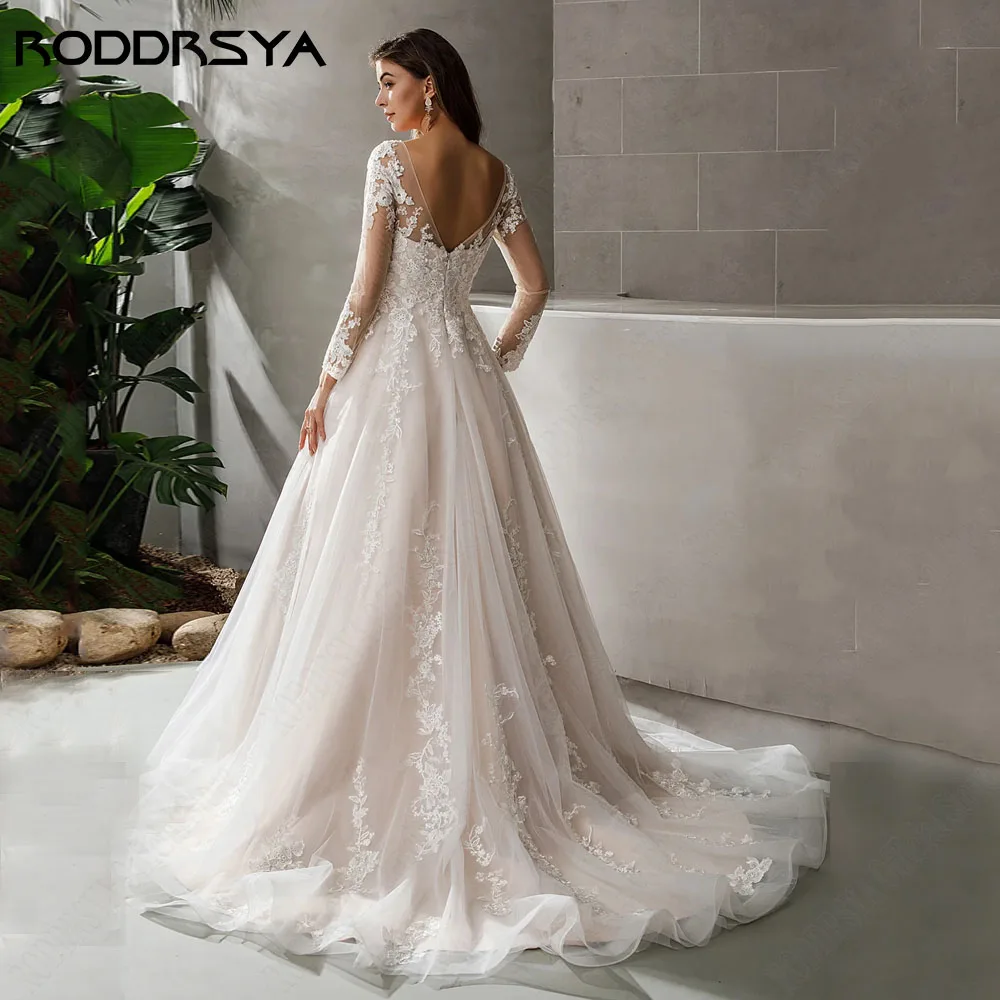 RODDRSYA Romantic Lace Wedding Dress Backless Applique Bridal Gowns Long Sleeve V Neck See-through A Line Sweep Train Bride Gown