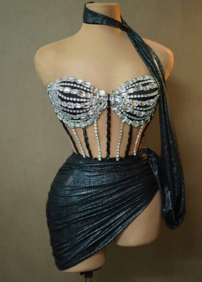 Sexy Tube Bandage Short Dress 2 Pieces Set Women Sparkly Rhinestones Dinner Evening Prom Celebrate Birthday Photography Dress