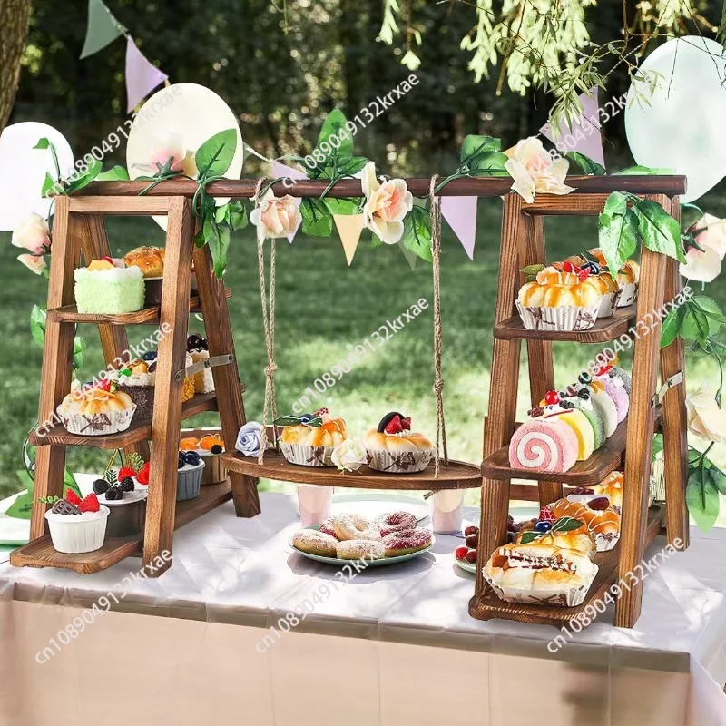 Wooden Three-tier Cupcake Stand with Swing and Floral Decoration: Removable Tray, Foldable Ladder