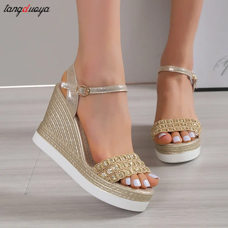 gold silver Wedges High Heels Sandals for Women Summer Buckle Strap Platform Sandalias Mujeres Thick Bottom Beach Shoes Woman