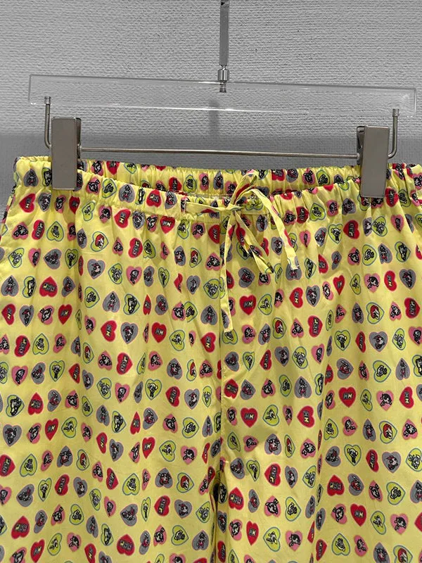 Casual Heart Print Wide Leg Pants Women's Elastic Waist Cord Design Loose Versatile Casual Pants Candy Style Straight Cut