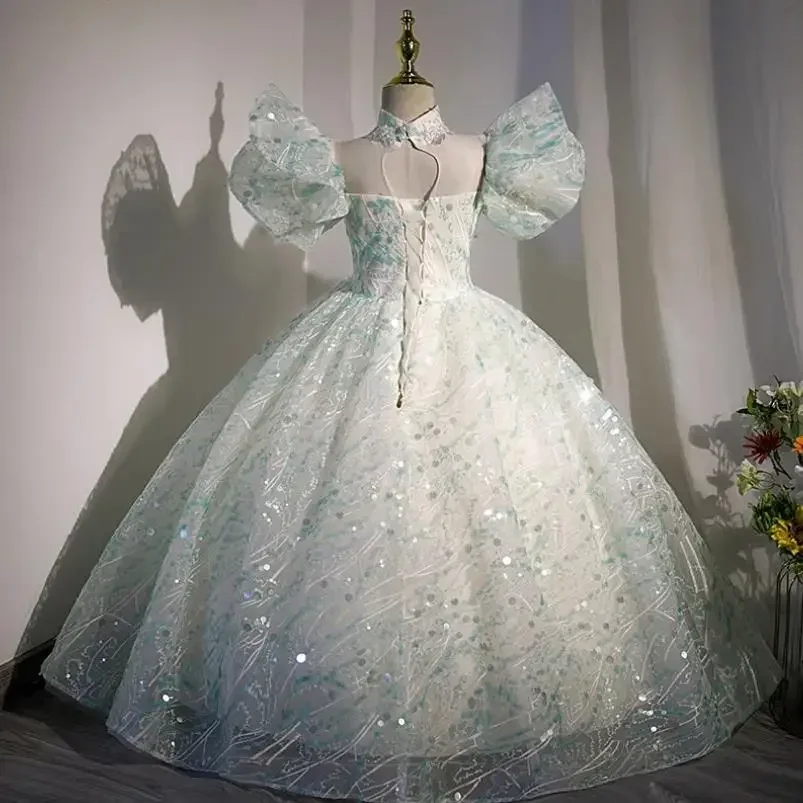 فساتين فتاة الزهور لحفلات زفاف الأميرة الكشكشة فستان حفلات للفتيات لالتقاط الصور الترتر طول الأرض فساتين التواصل الأول للأطفال