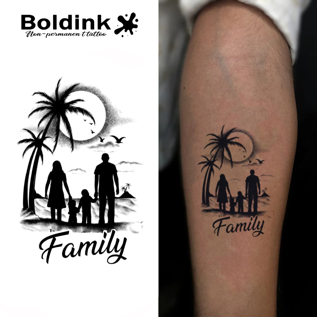 Boldink Family Beach Silhouette Temporary Tattoo,Lasts To 15 Days New Technology Magic Waterproof Semi Permanent Sticker.