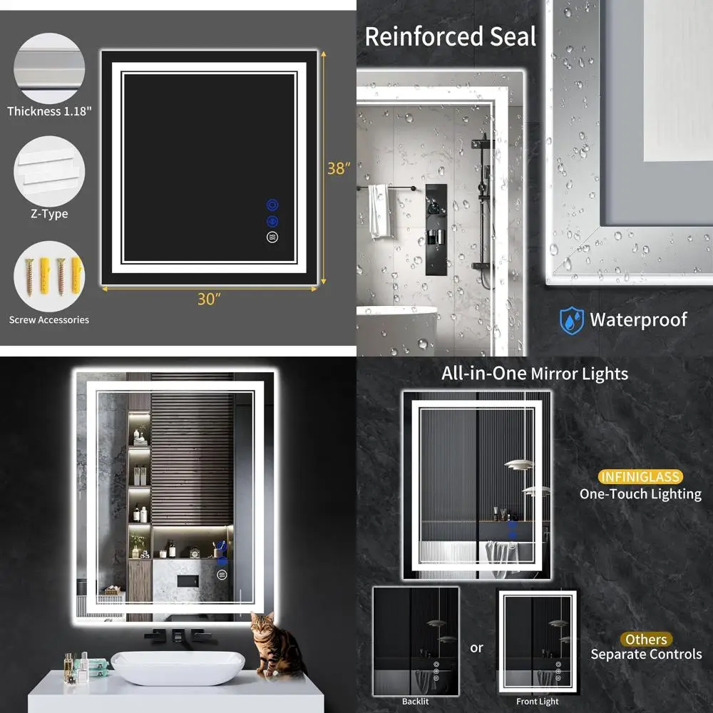 Lustro łazienkowe LED z funkcją zapobiegania parowaniu, 38x30, bezstopniowa regulacja jasności, 3 tryby kolorystyczne, szkło hartowane, wodoodporne i funkcja pamięci.